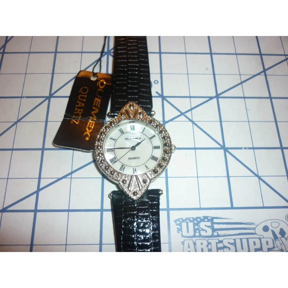 VTG Quemex Womens Watch Art Deco Style Silver Tone Dial Black New Battery NOS